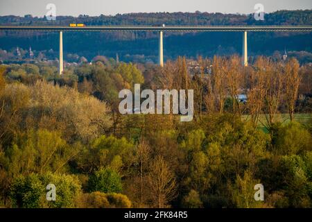 The Ruhr near Mülheim, looking south-east into the Ruhr valley, Ruhrtalbrücke, A52 motorway, Mülheim an der Ruhr, NRW, Germany, Stock Photo