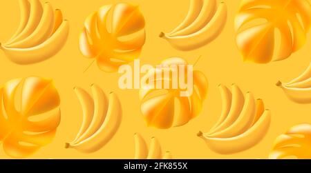 Yellow bright background with mono color yellow tropical large 3d leaves and bunch of bananas pattern, mesh gradient graphics Stock Vector
