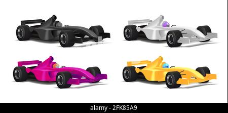 Realistic illustration set of sport bolide car in different colors with driver in helmet and with black tyres, 3d detailed graphic Stock Vector