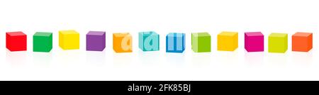 Colored cubes. Set of twelve colorful cubes in a row - illustration on white background. Stock Photo