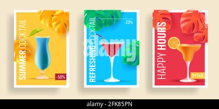 Summer sale posters with promo deals for alcohol cocktails, realistic 3d illustrations, different shape glasses with umbrella and tropical leaves Stock Vector