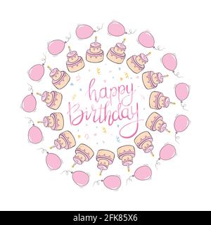 happy birthday girl greeting card. Creative Happy Birthday greeting background. Cake with Hand drawn ink brush stroke. Vector Illustration Stock Vector