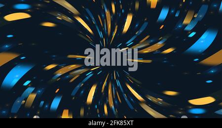 Blurred Defocused Lights moving to the center of the screen, blue and golden yellow neon particles meshed in motion Stock Vector