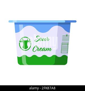 Flat style dairy product icon for template, symbol, logo, stickers, prints. Sour cream bowl in white, blue and green colors. Stock Vector