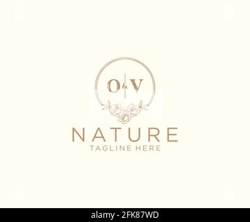 OV letters floral frames. Botanical feminine editable premade monoline unique decoration for greeting card, wedding invitation. Stock Vector