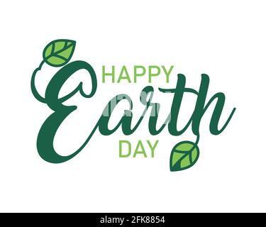Happy Earth Day hand lettering background. Vector illustration with leaves for greeting card, poster. Stock Vector