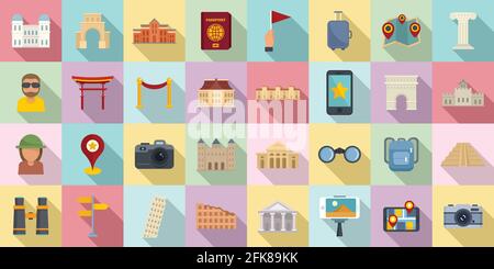 Sightseeing icons set, flat style Stock Vector