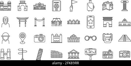 Sightseeing tourist icons set, outline style Stock Vector