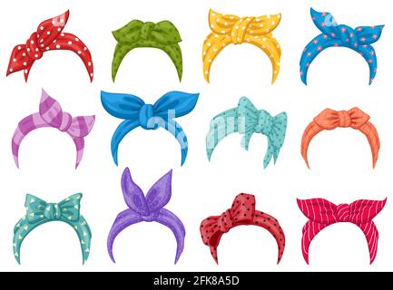 Cartoon retro headband bandanas. Women retro head bandana, fashion lady dressing headbands. Hairstyle fashion vintage headscarves vector illustration Stock Vector