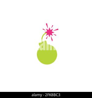 Green flat bomb icon. Round inclined to the right bomb with fuse and pink magenta fire. isolated on white. Vector illustration. Cartoon style pictogra Stock Vector