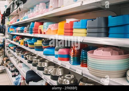 Interior of pet store with large assortment of pet accessories,bowls for pets. Stock Photo