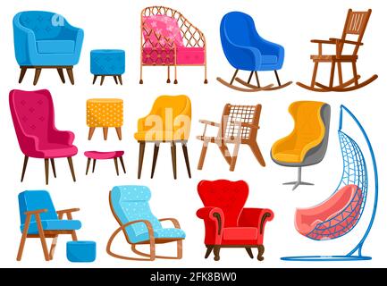 Cartoon armchairs. Modern comfortable furniture, apartment interior or office armchairs vector illustration set. Room decoration armchairs furniture Stock Vector