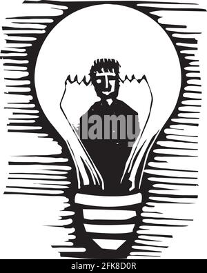 Woodcut expressionist style image of a man in a lightbulb Stock Vector