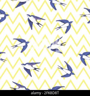 Hand drawn swallow bird seamless pattern. Spring vector illustration. Stock Vector