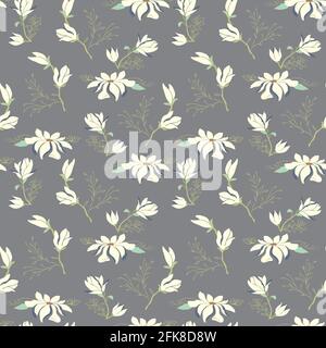 Seamless vector magnolia flower pattern. Delicate floral background on a gray background Stock Vector