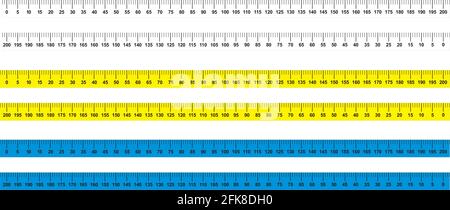 Measure Tape ruler metric measurement. Metric ruler. 200 centimeters metric  vector ruler with yellow and black color. Two version, from left to right  and opposite. 2, 4, and 8 centimetre wide. Stock Vector