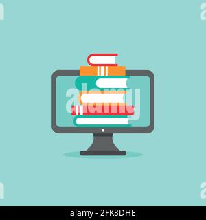 grey computer monitor with stack of colorful books. Isolated on powder blue background. Flat vector simple icon. Internet knowledge symbol. Good for w Stock Vector