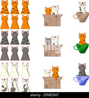 Set of clip art with cute different colored isolated cats in boxes and cups Stock Vector