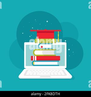 white laptop with stack of colorful books and graduation cap or mortar board. Isolated on powder blue background. Flat vector illustration. Internet k Stock Vector