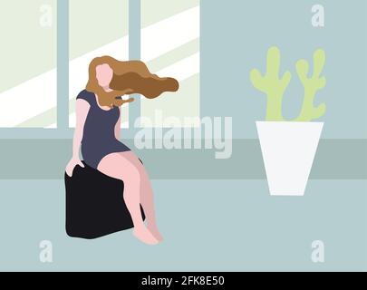 Woman sitting on top of a suitcase flat vector illustration Stock Vector