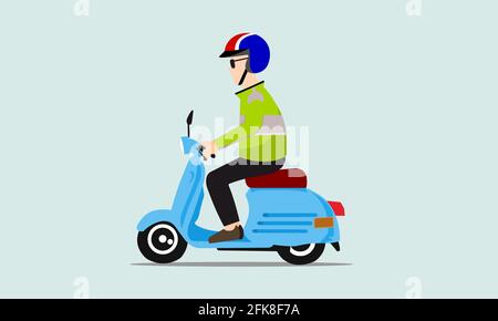 Man riding motorcycle wearing helmet. Cool blue vintage scooter. Stock Photo