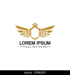 Golden winged shield with crown logo / heraldry symbol isolated white background Stock Vector
