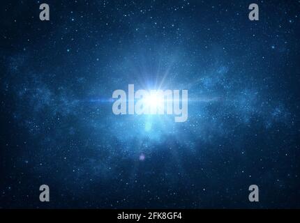 Star light, explosion, glow, burst, blast into deep space, night sky. Cosmic nebula, galaxy, milky way in Universe. Stock Photo