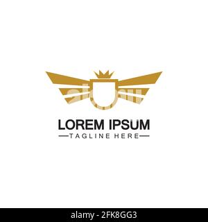 Golden winged shield with crown logo / heraldry symbol isolated white background Stock Vector