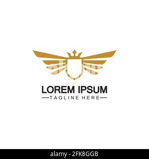 Golden winged shield with crown logo / heraldry symbol isolated white background Stock Vector
