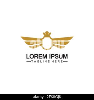 Golden winged shield with crown logo / heraldry symbol isolated white background Stock Vector