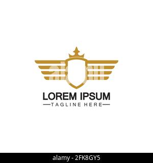 Golden winged shield with crown logo / heraldry symbol isolated white background Stock Vector