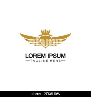 Golden winged shield with crown logo / heraldry symbol isolated white background Stock Vector