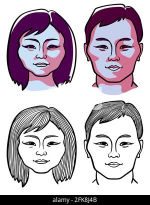 Male and female faces of the people of the north. Two options: black and white line graphics and color in the style of Suprematism. Stock Vector