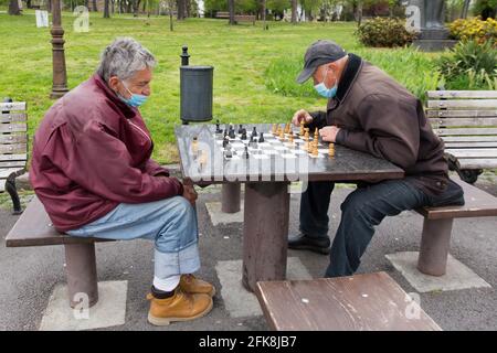 BELGRADE - Old men playing chess in Kalemegdan Park Stock Photo