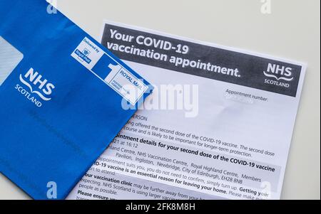 Coronavirus Covid-19 second dose vaccination appointment letter from NHS Scotland with blue envelope, UK Stock Photo