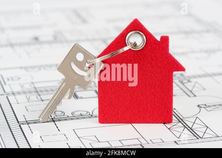 house key laying in construction plan Stock Photo