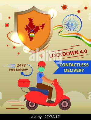 Delivery man with protective face mask. India will fight against Covid-19 for website and social media post. Lockdown due to novel coronavirus. Stock Vector