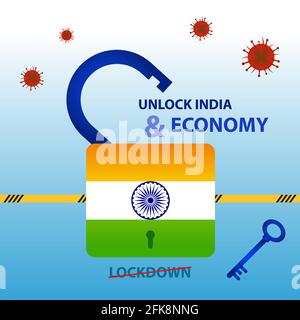 Unlock India. India Unlock 1.0 after very long and strict lockdown to fight with covid-19. Indian economy and industry is now opening in different pha Stock Vector