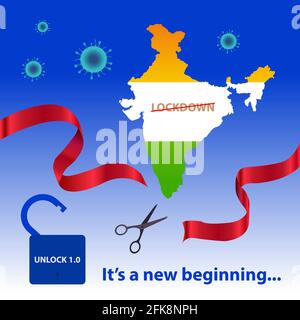 Unlock India. Concept of unlocking India with scissor cutting ribbon for a new beginning to economy and industry. Graphic for website and social media Stock Vector