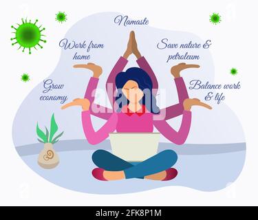 Work from home due to Covid-19 worldwide pandemic. Stay home save lives. Home quarantine. Namaste, work from home, grow economy, save nature, petroleu Stock Vector