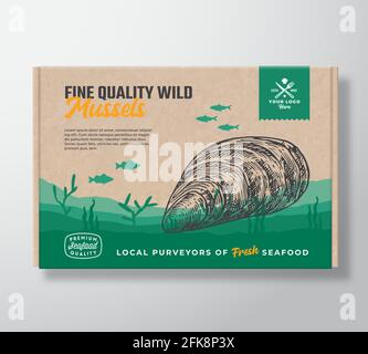 Fine Quality Seafood Cardboard Box. Abstract Vector Food Packaging Label Design. Modern Typography and Hand Drawn Mussel and Fishes Silhouettes. Sea Stock Vector