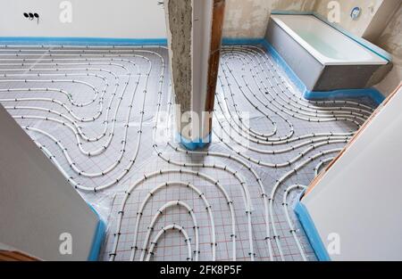 underfloor heating in construction of new residential house Stock Photo