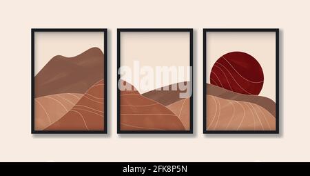 Desert landscape with sun in earth tones in boho style. Modern abstract triptych artwork for print, poster and art product. Stock Vector