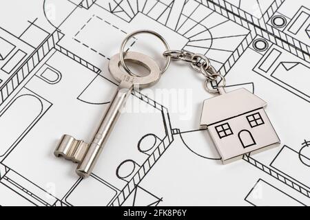 house key laying in construction plan Stock Photo