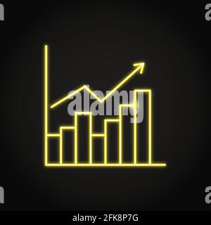 Neon growing bar graph icon in line style. Chart with arrow up. Vector illustration. Stock Vector