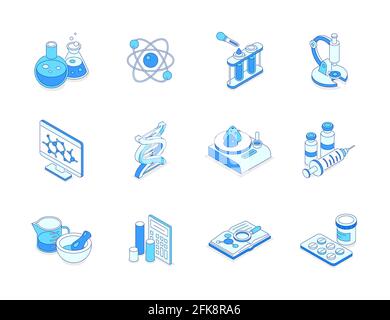 Science and medicine - modern line isometric icons set. Education and studying, laboratory, research concept. Flasks and tubes, microscope, DNA molecu Stock Vector