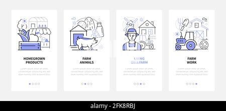 Farming - modern line design style web banners with copy space for text. Homegrown products, farm animals, living in the countryside, work carousel po Stock Vector