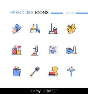 Cleaning - modern line design style icons set. Household chores and services idea. Colorful images of gloves, bucket, mop, brush, washing machine, vac Stock Vector