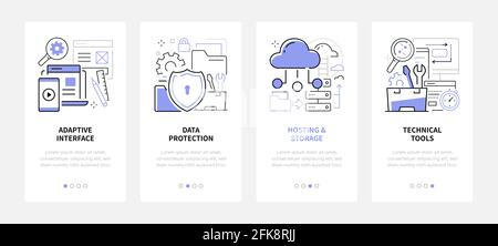 Web development - line design style web banners with copy space for text. Adaptive interface, data protection, hosting and storage, technical tools ca Stock Vector