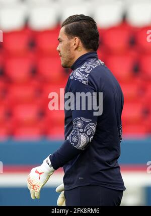 Manchester City goalkeeper Ederson warming up before the UEFA Champions League Semi Final, first leg, at the Parc des Princes in Paris, France. Picture date: Wednesday April 28, 2021. Stock Photo